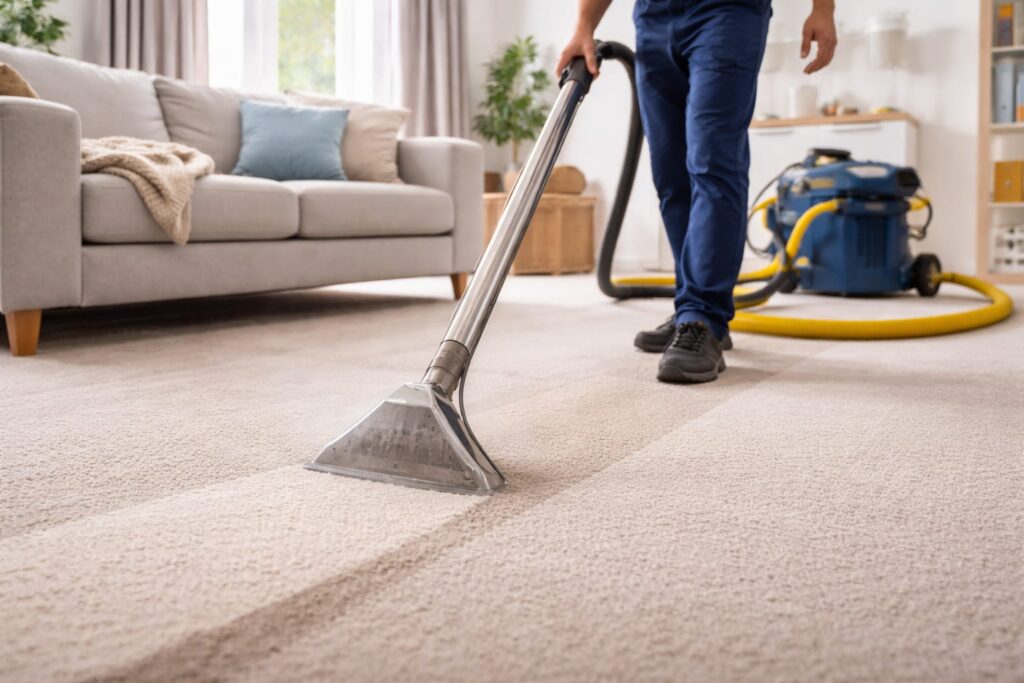 Professional carpet steam cleaning in a London home using hot water extraction, suitable for houses, flats and rental properties